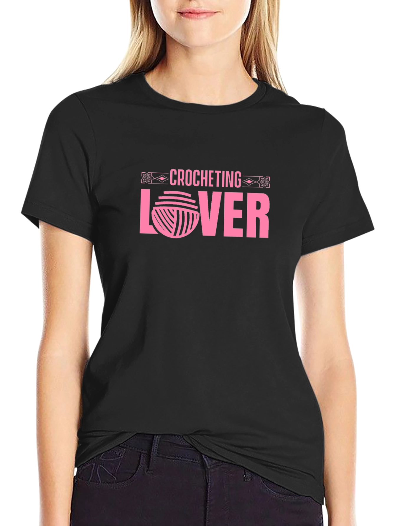 Crocheting Lover Graphic T-Shirt - Pink on Black
