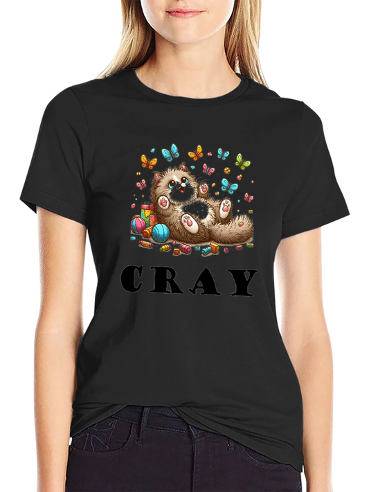 Cute Cat & Butterflies Graphic Print Black T-Shirt