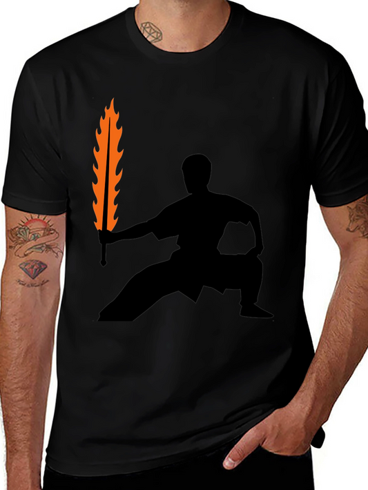 Flame Sword Fighter Graphic Tee - Black Cotton Blend