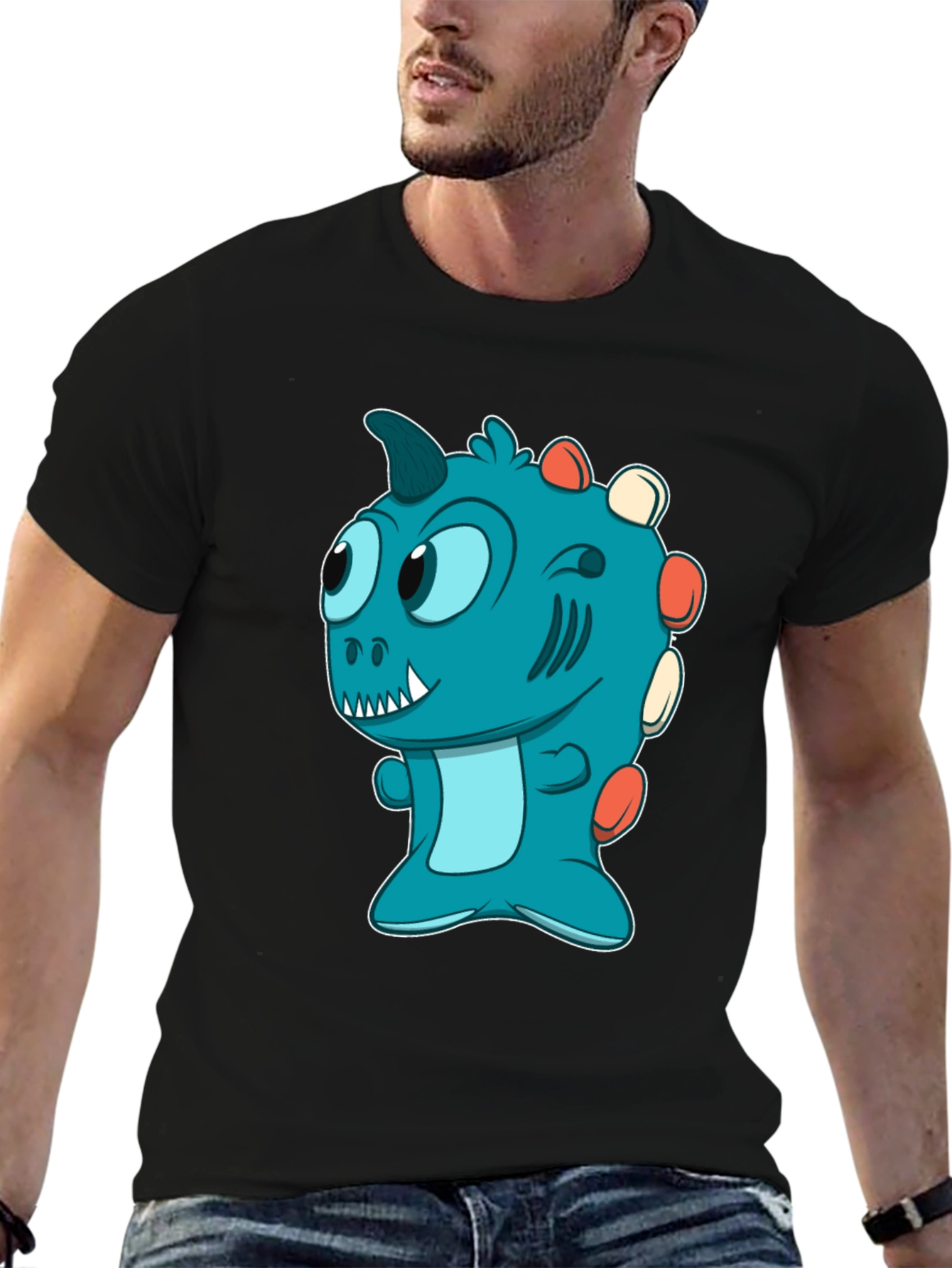 Cute Cartoon Dino T-Shirt - Mens Black Tee