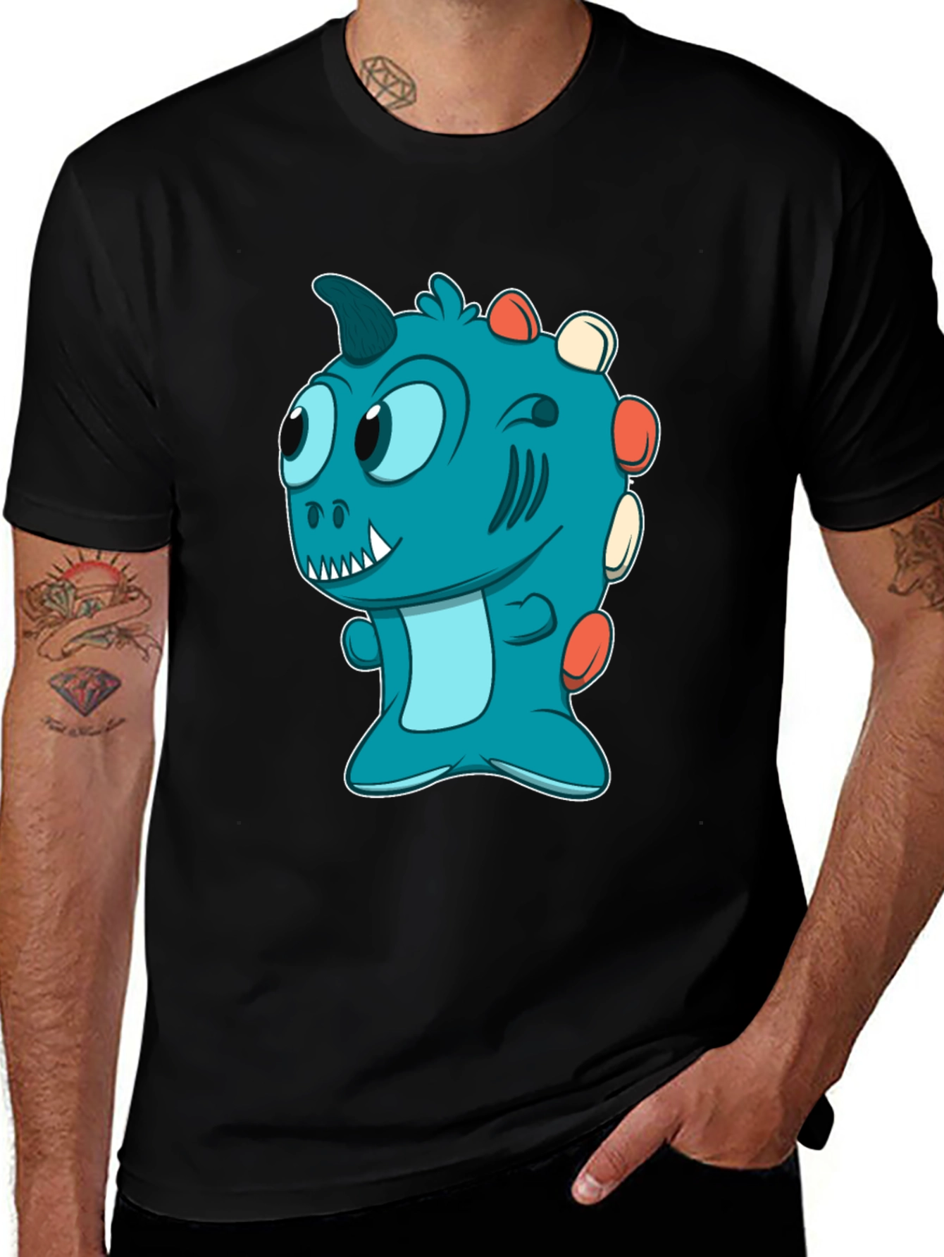 Cute Cartoon Dino T-Shirt - Mens Black Tee