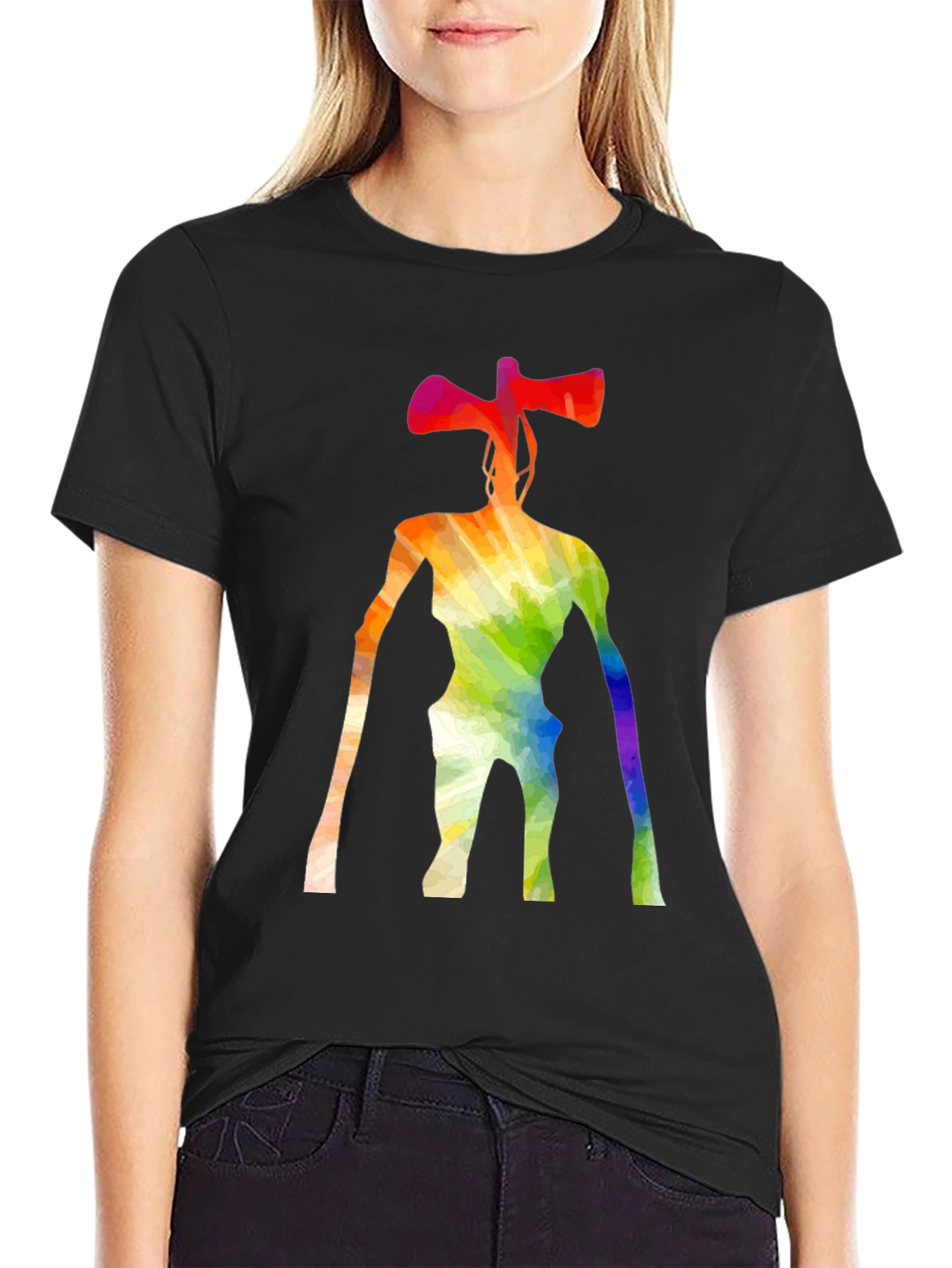 Rainbow Siren Head Graphic Black T-Shirt