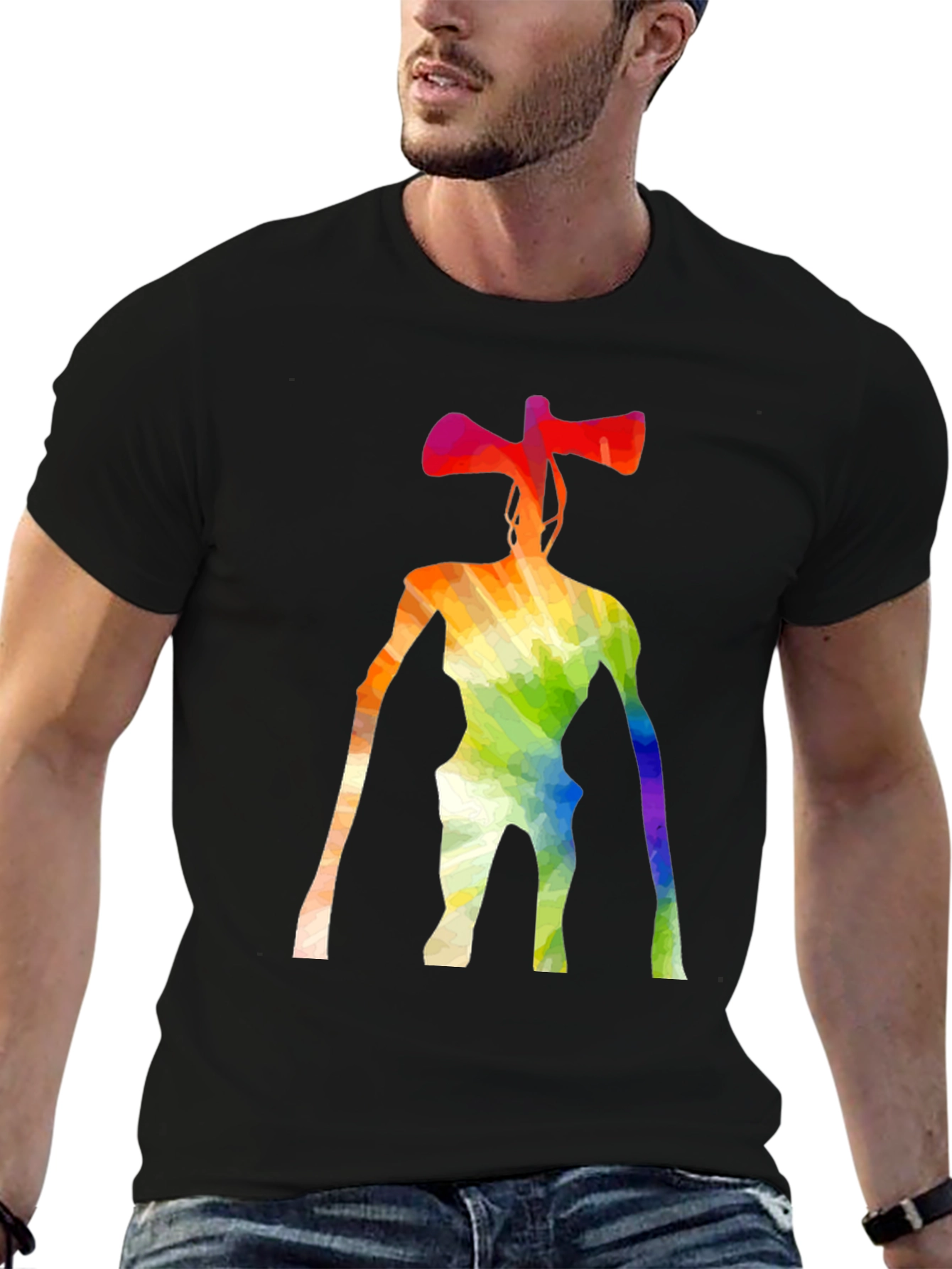 Rainbow Siren Head Graphic Black T-Shirt