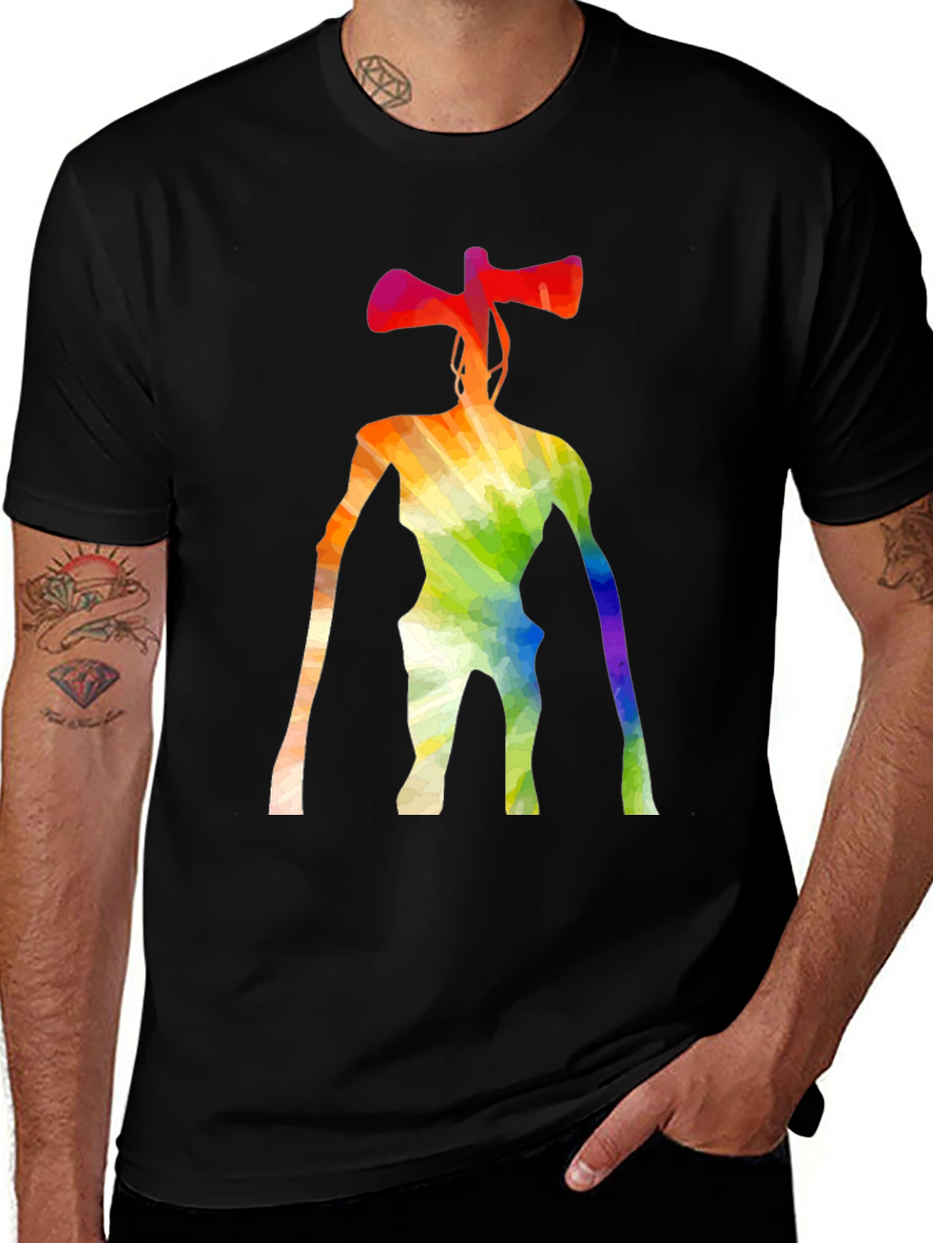 Rainbow Siren Head Graphic Black T-Shirt
