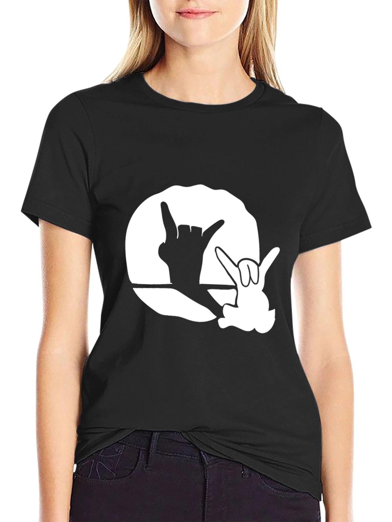 Black Graphic Tee with Hand Sign Design