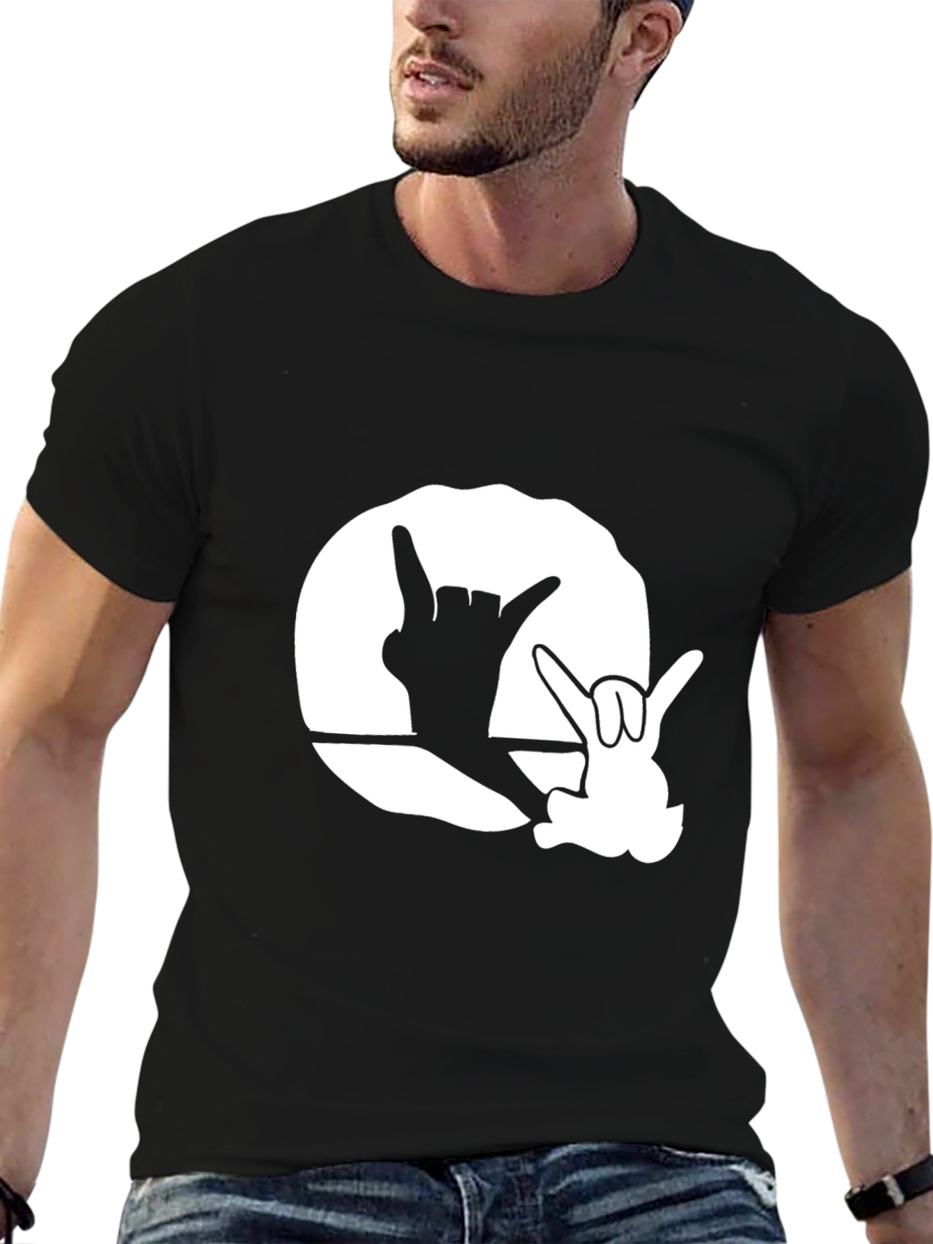 Black Graphic Tee with Hand Sign Design