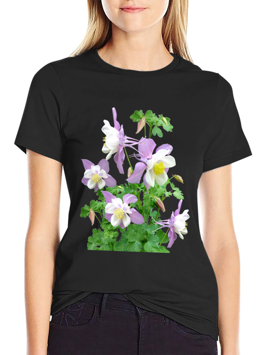 Floral Graphic Tee - Black Cotton Columbine Flower Shirt