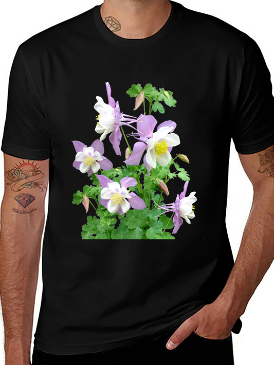 Floral Graphic Tee - Black Cotton Columbine Flower Shirt
