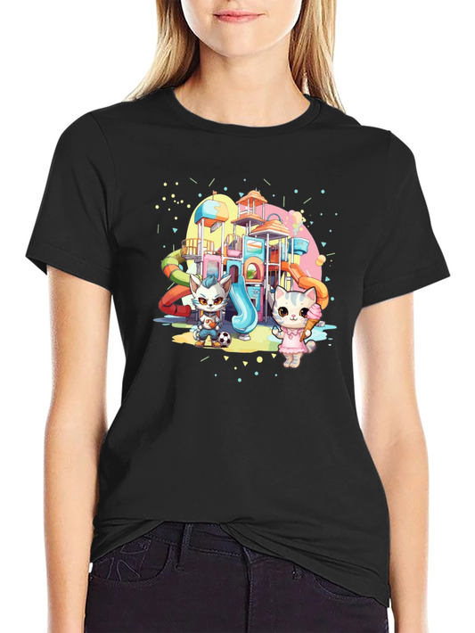 Cute Cartoon Cats on Playground Black T-Shirt