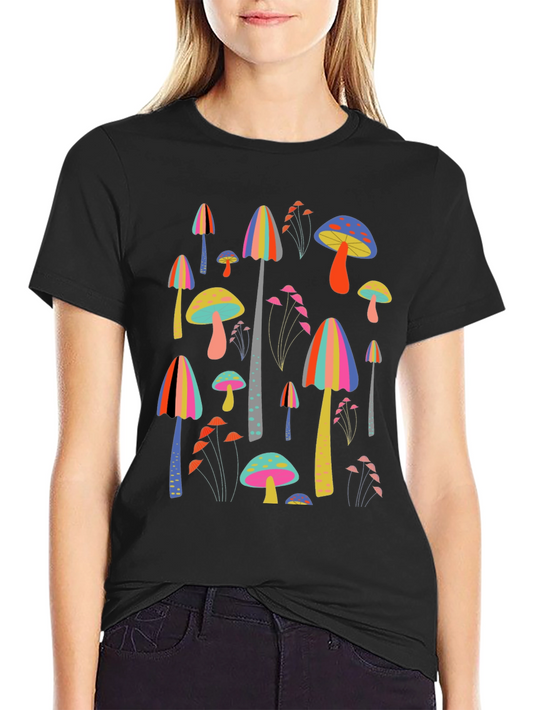 Funky Mushroom Print Black T-Shirt
