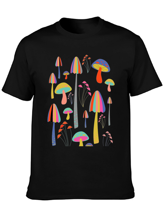 Funky Mushroom Print Black T-Shirt