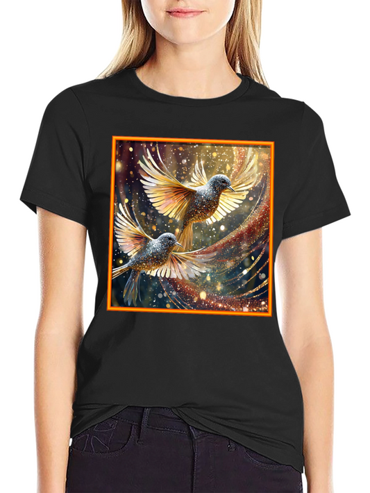 Elegant Birds Graphic Print Black T-Shirt