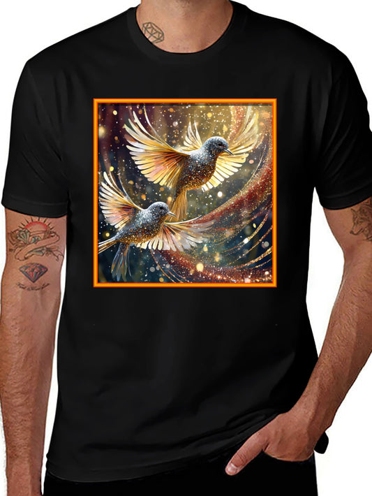 Elegant Birds Graphic Print Black T-Shirt