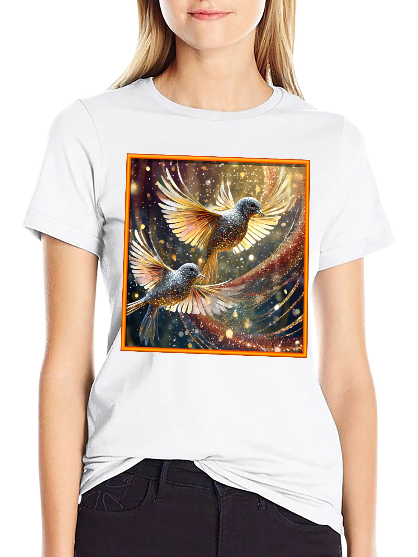 Elegant Birds Graphic Print Black T-Shirt