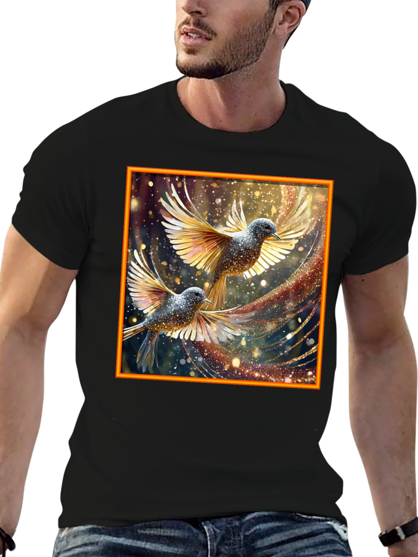 Elegant Birds Graphic Print Black T-Shirt