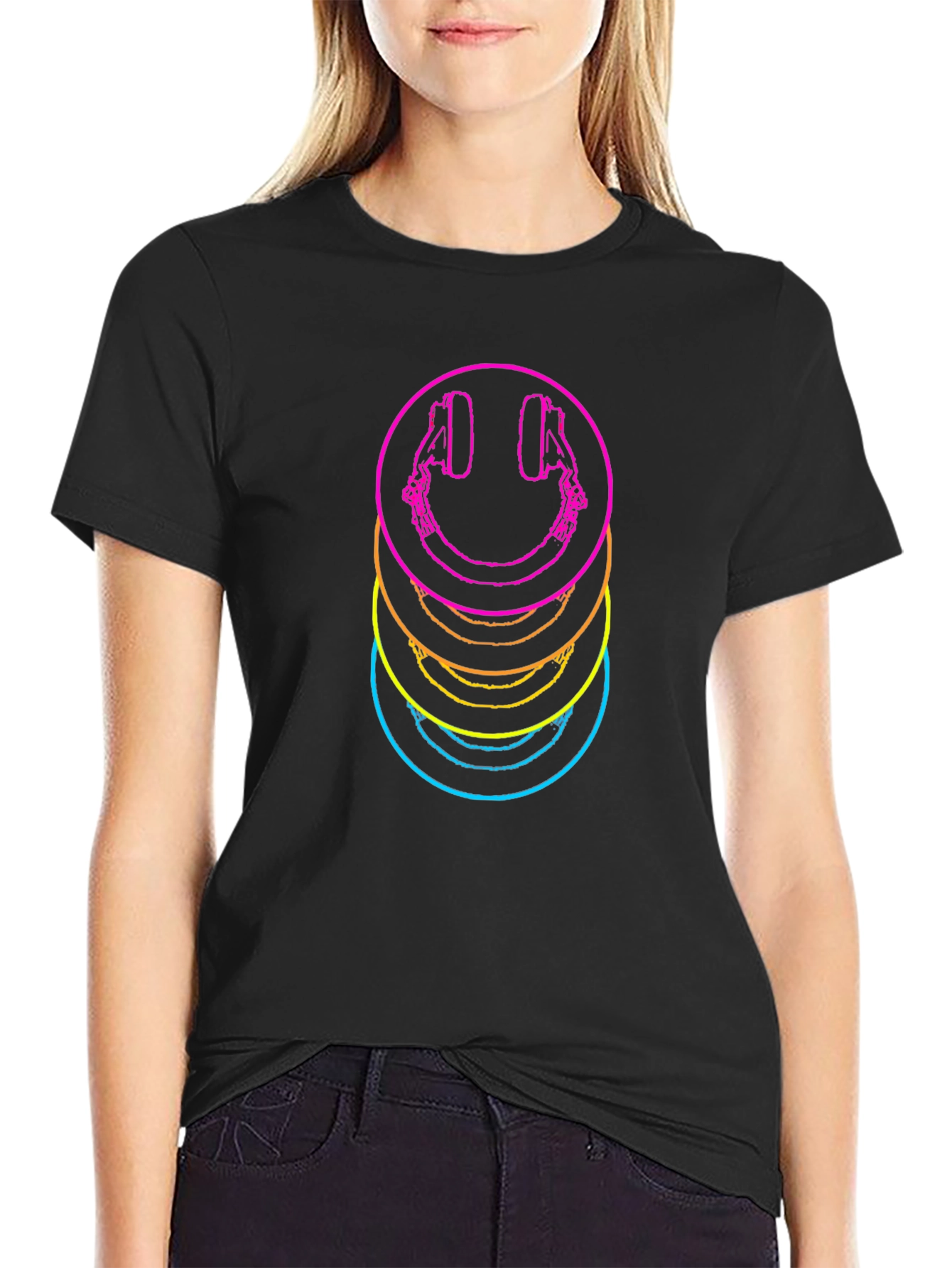 Neon Smiley Face Headphones Graphic Tee - Black