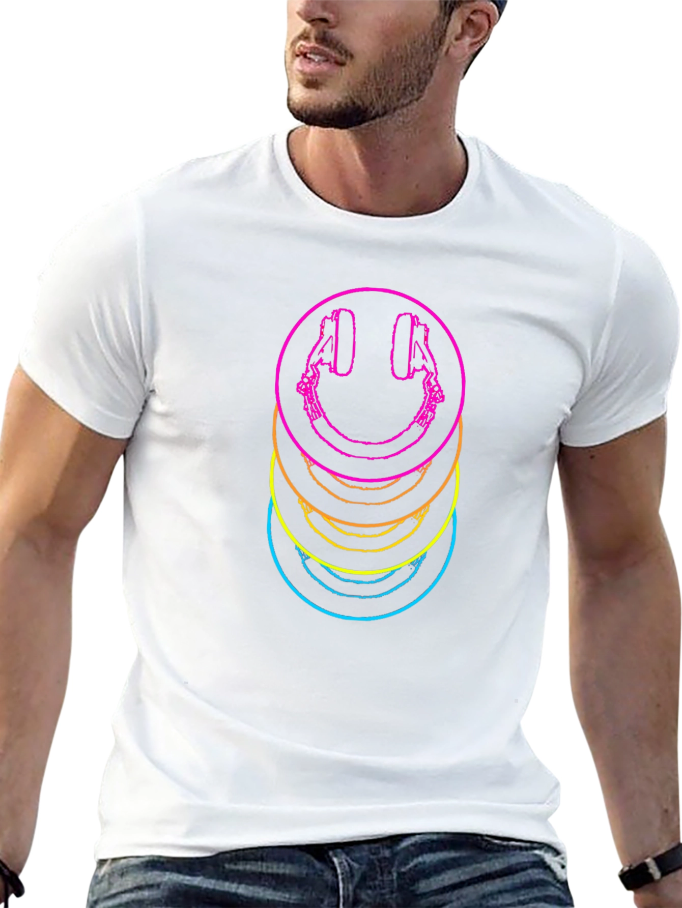 Neon Smiley Face Headphones Graphic Tee - Black