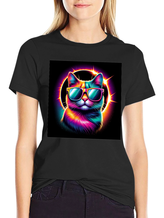 Cool Cat T-Shirt - Neon Rainbow Cat with Sunglasses