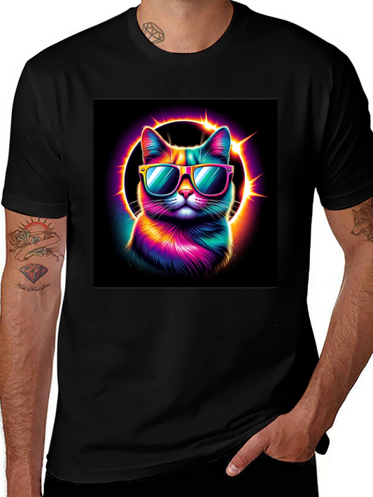 Cool Cat T-Shirt - Neon Rainbow Cat with Sunglasses