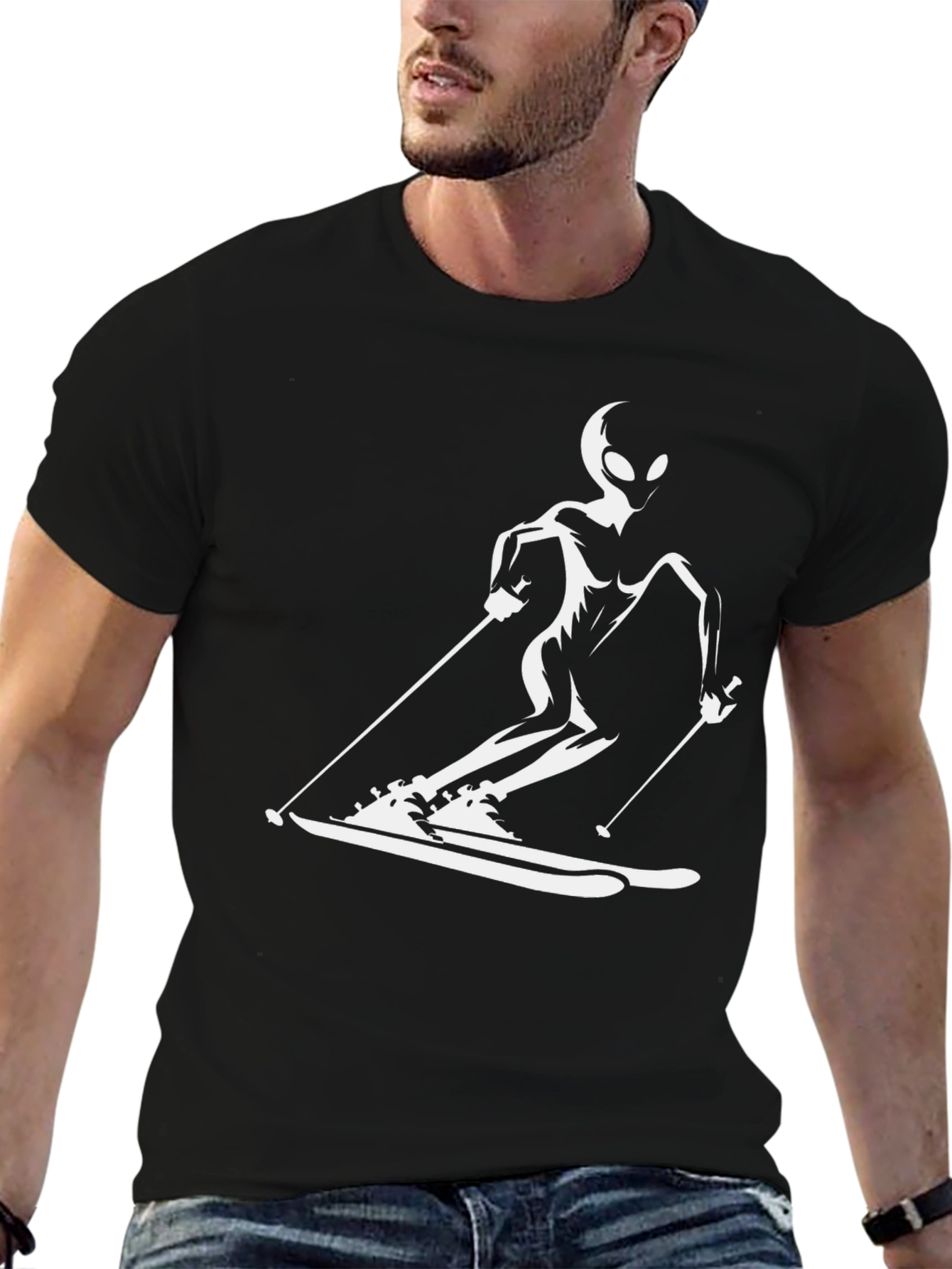 Skiing Alien T-Shirt - Black Cotton Tee