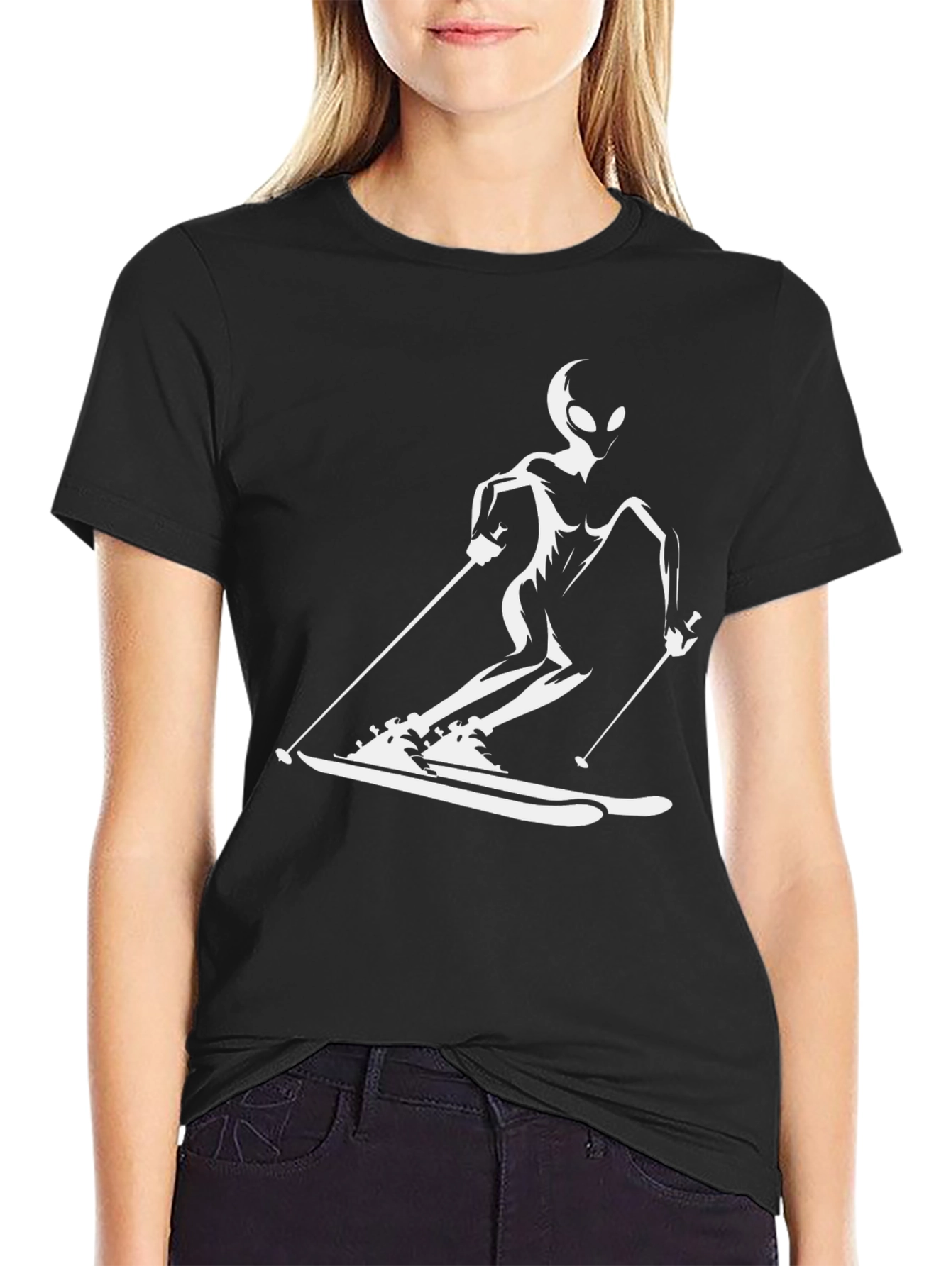 Skiing Alien T-Shirt - Black Cotton Tee