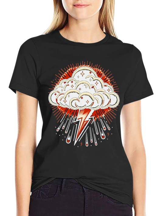 Black T-Shirt with Lightning Cloud Graphic