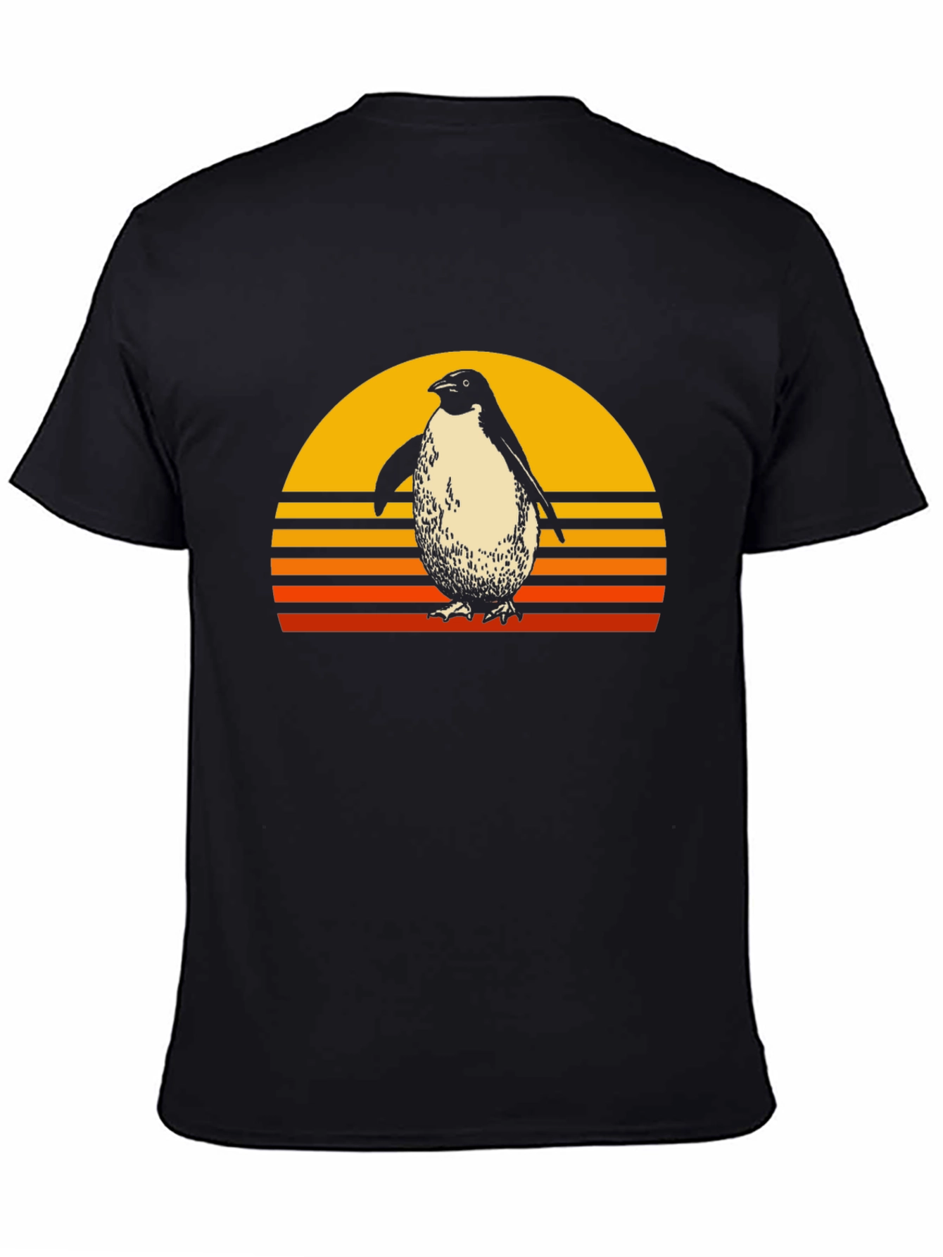 Retro Penguin Sunset Graphic Tee - Black Cotton T-Shirt