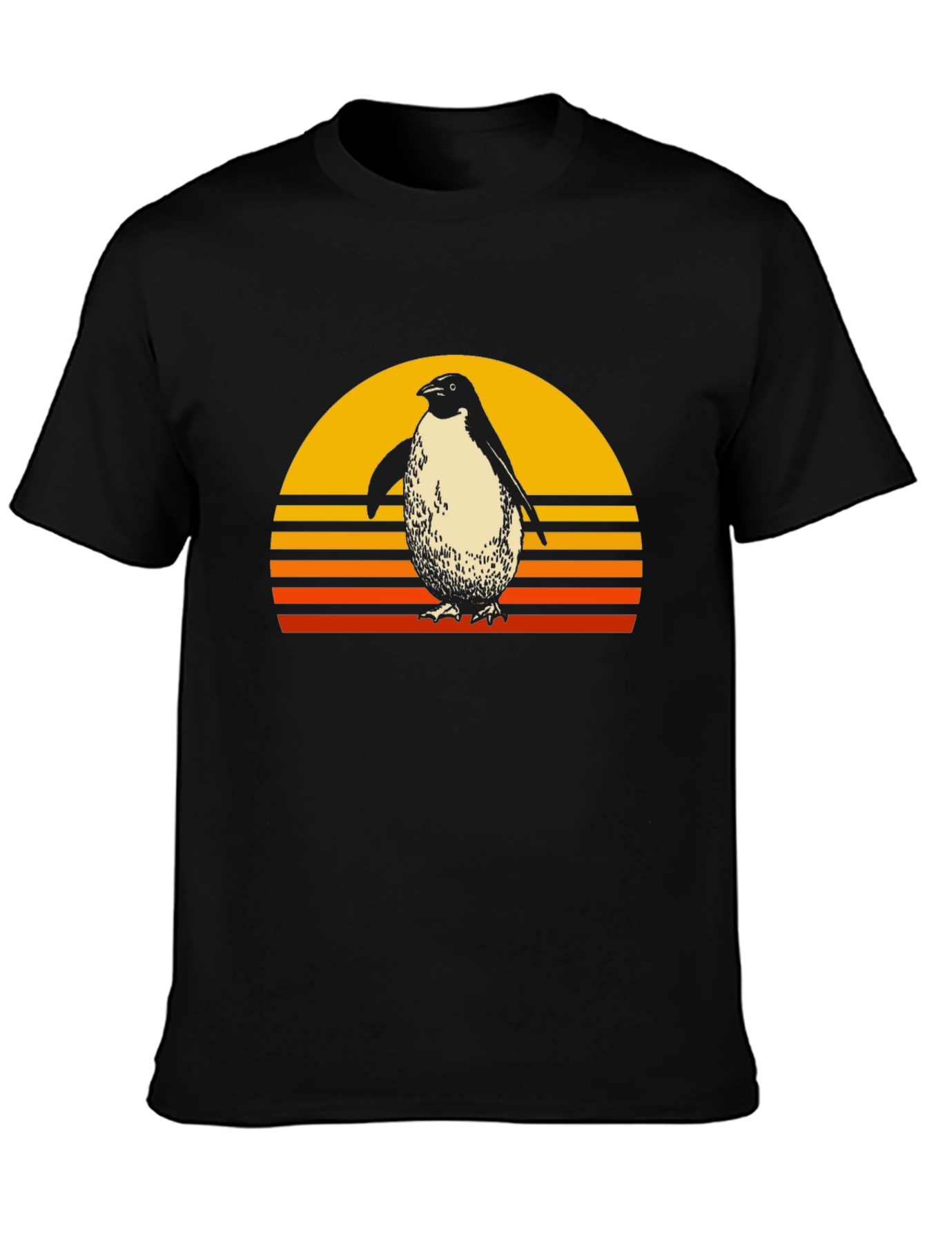 Retro Penguin Sunset Graphic Tee - Black Cotton T-Shirt