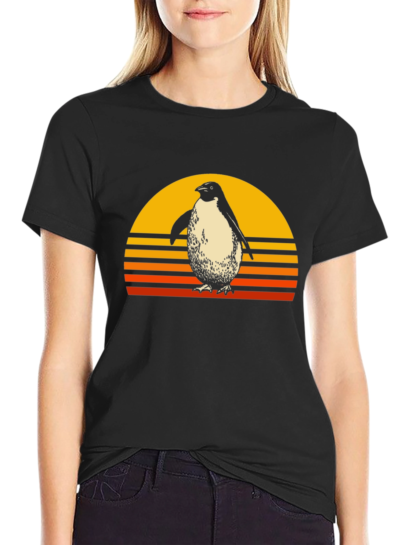 Retro Penguin Sunset Graphic Tee - Black Cotton T-Shirt