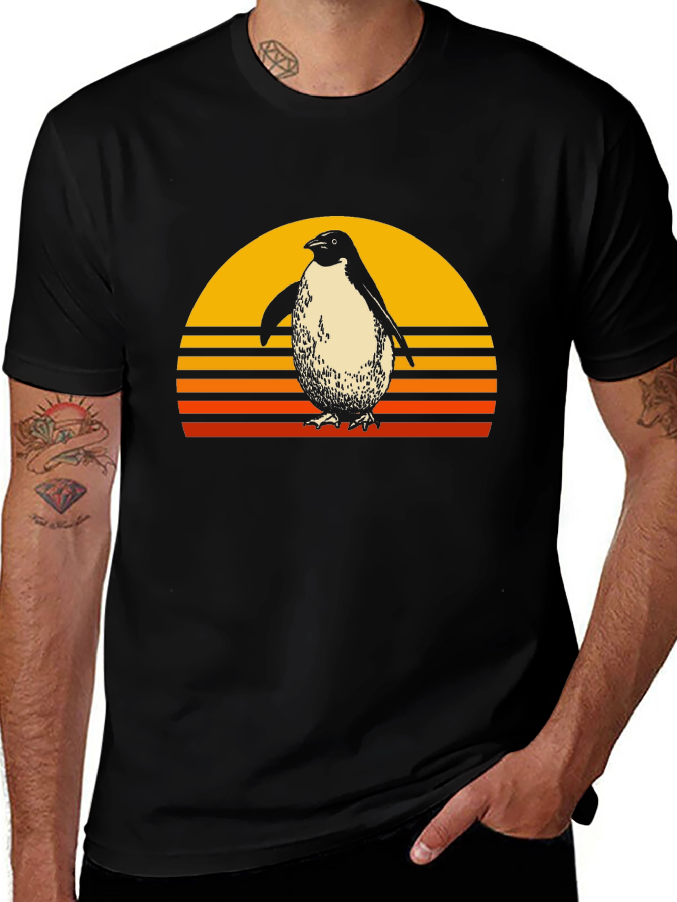 Retro Penguin Sunset Graphic Tee - Black Cotton T-Shirt