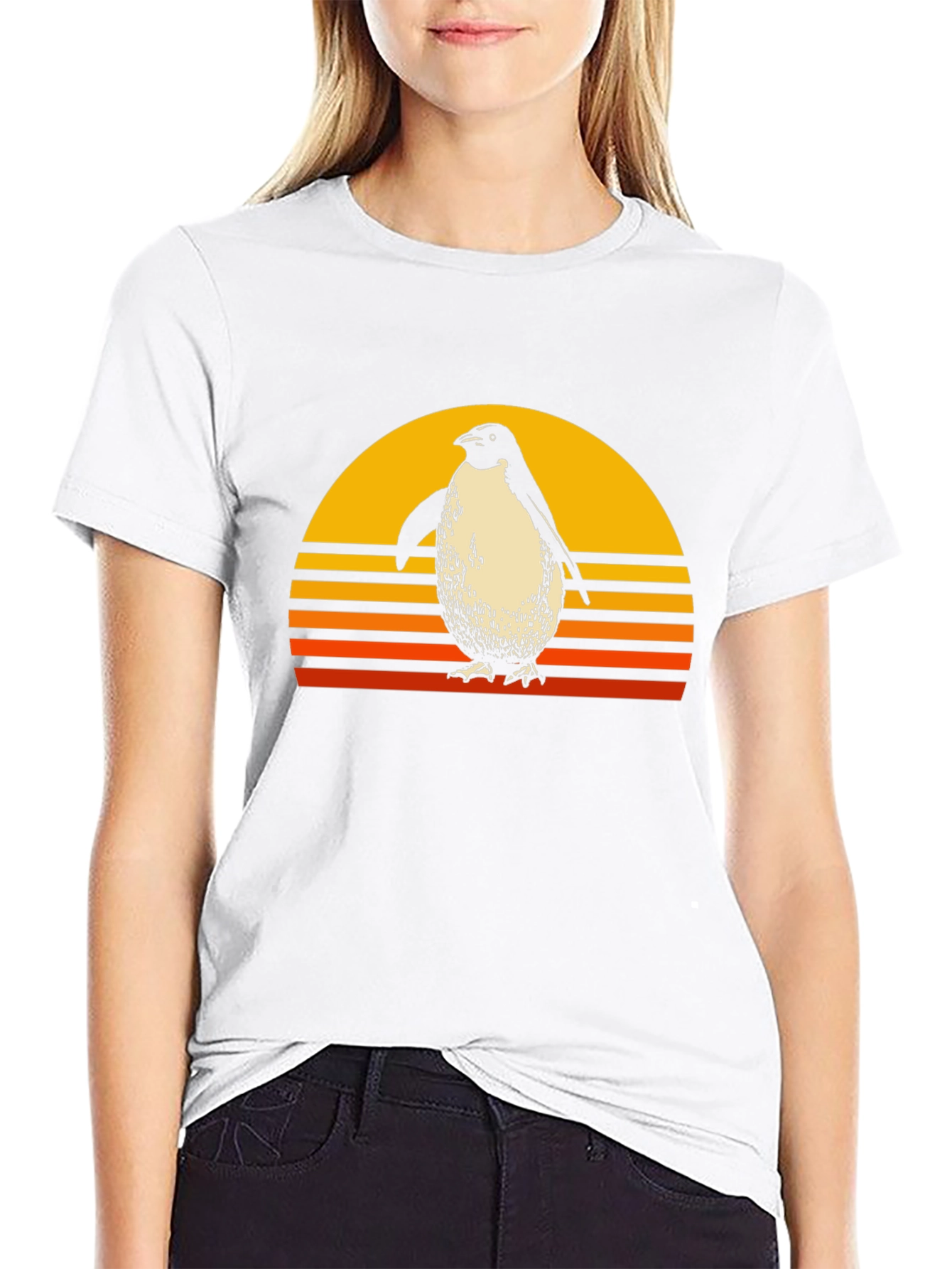 Retro Penguin Sunset Graphic Tee - Black Cotton T-Shirt