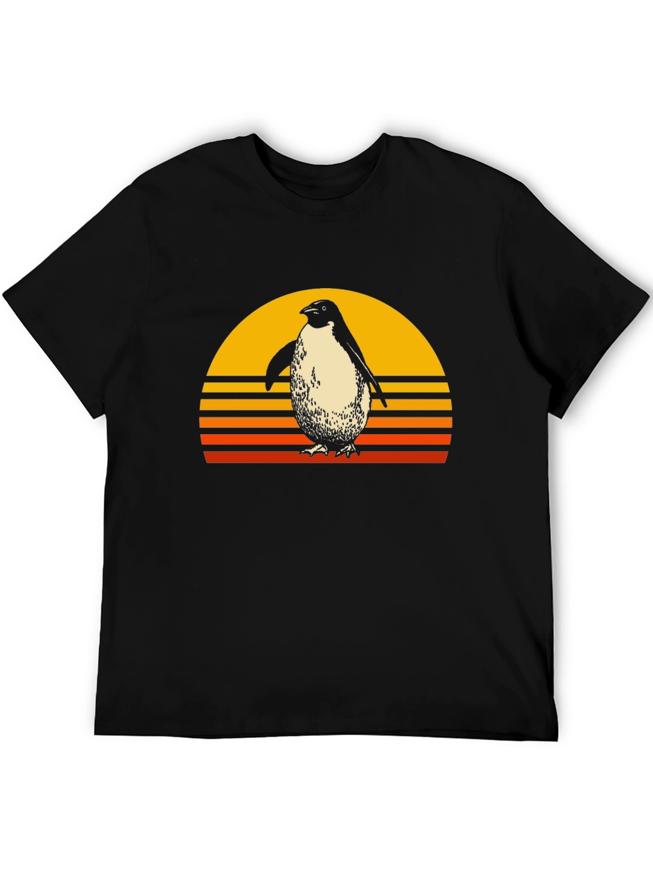 Retro Penguin Sunset Graphic Tee - Black Cotton T-Shirt