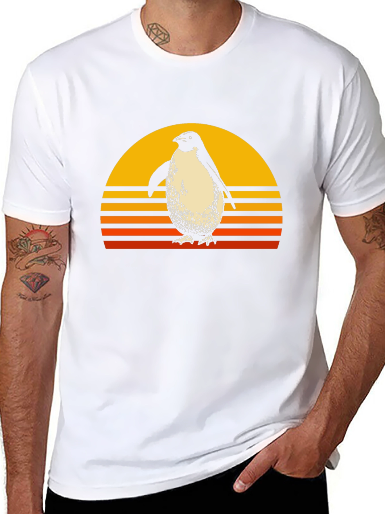 Retro Penguin Sunset Graphic Tee - Black Cotton T-Shirt