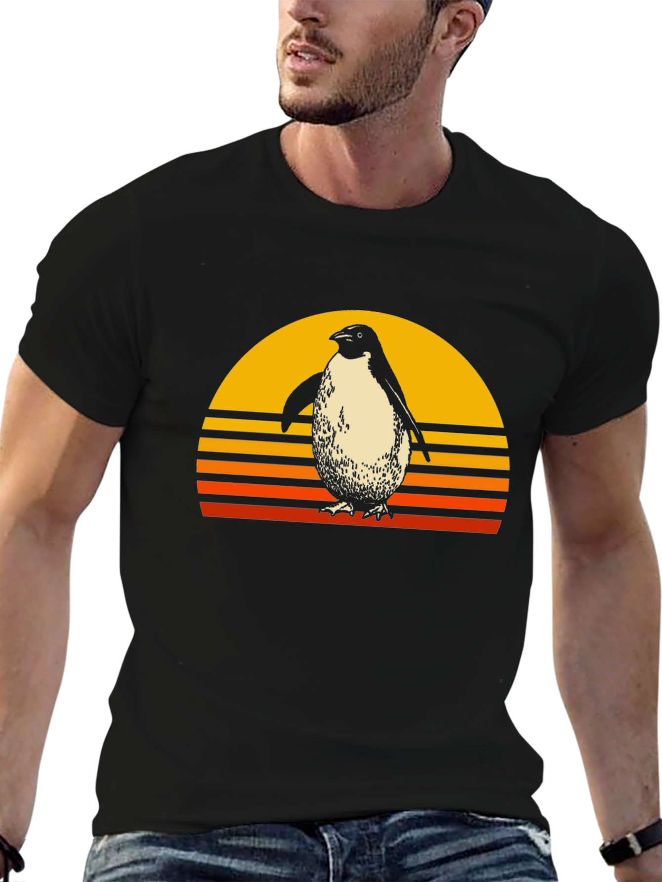 Retro Penguin Sunset Graphic Tee - Black Cotton T-Shirt