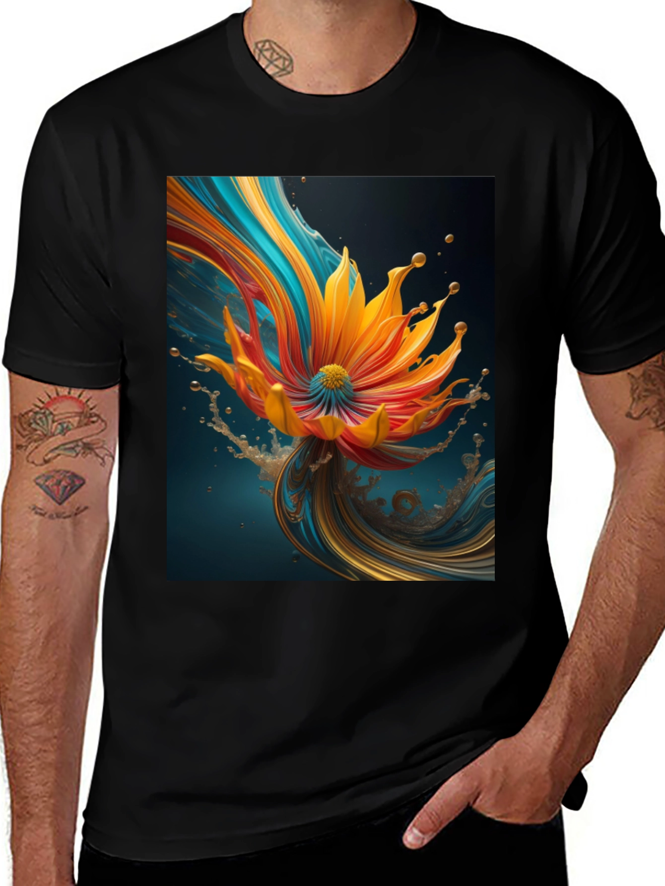 Abstract Floral Print Black Tee