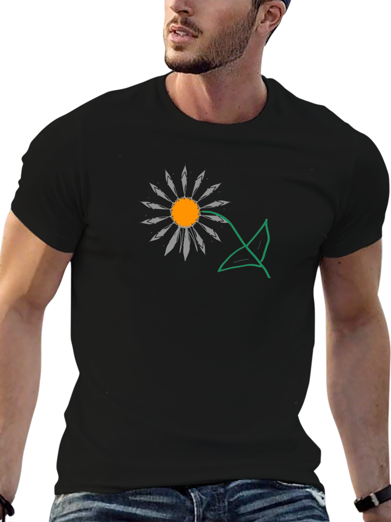 Mens Black T-Shirt with Floral Graphic Print