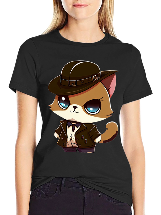 Detective Cat Cartoon T-Shirt - Black
