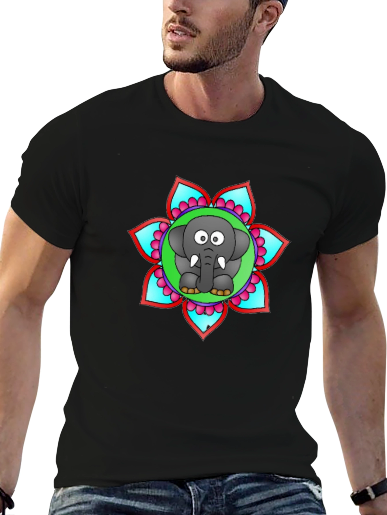Cartoon Elephant Mandala Graphic Black T-Shirt