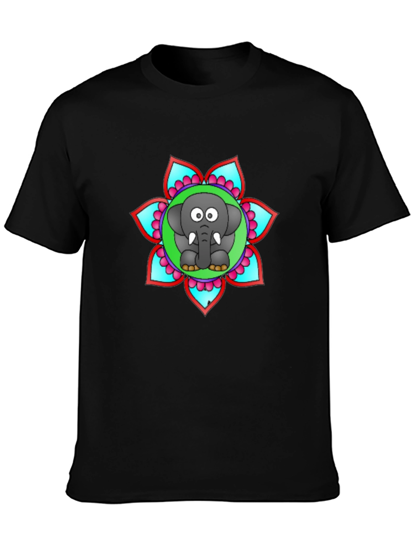 Cartoon Elephant Mandala Graphic Black T-Shirt