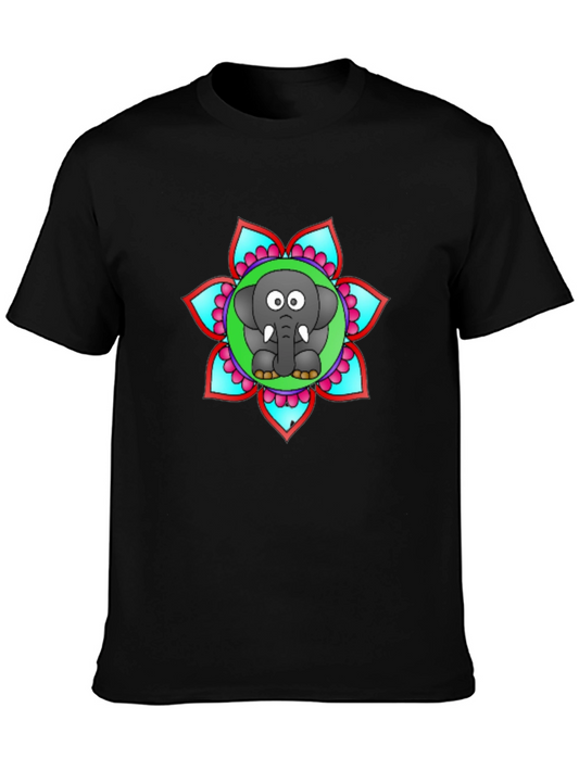 Cartoon Elephant Mandala Graphic Black T-Shirt