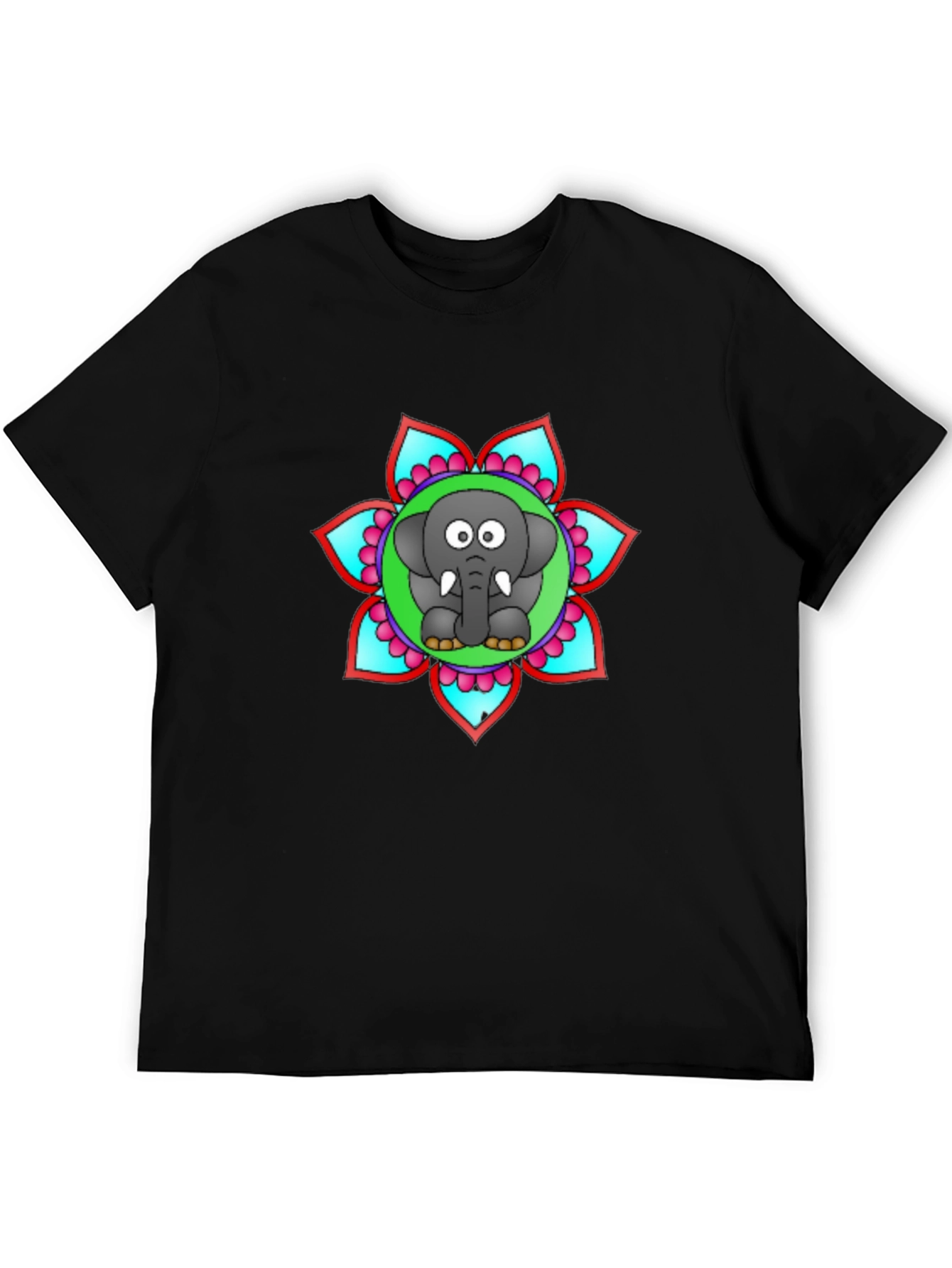 Cartoon Elephant Mandala Graphic Black T-Shirt