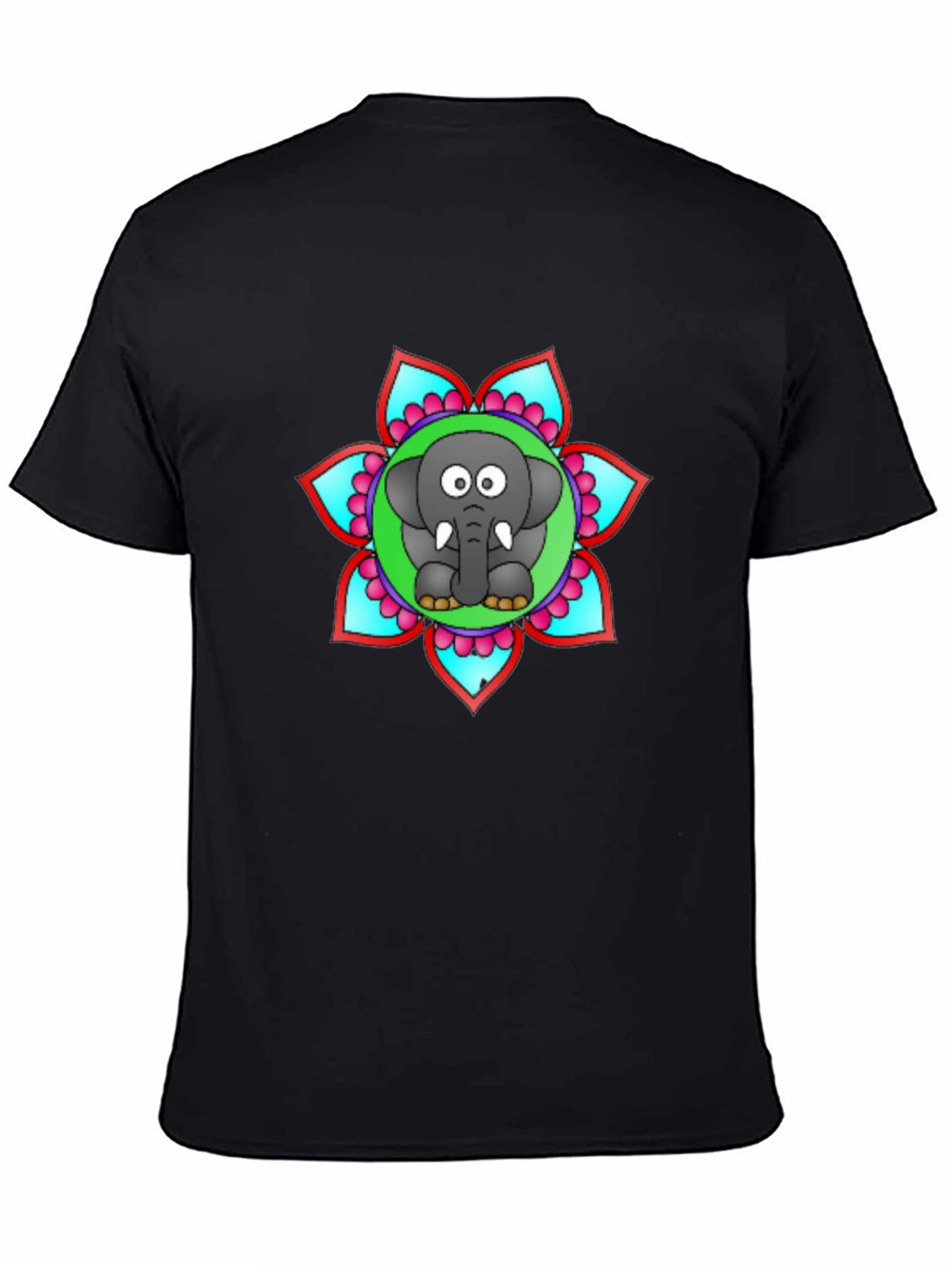 Cartoon Elephant Mandala Graphic Black T-Shirt