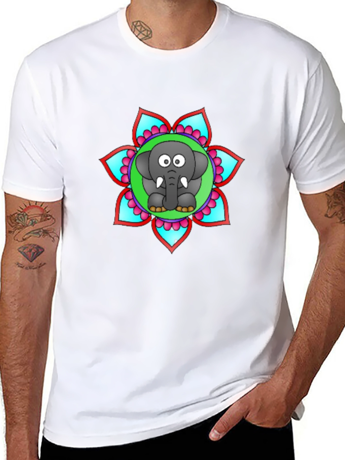 Cartoon Elephant Mandala Graphic Black T-Shirt