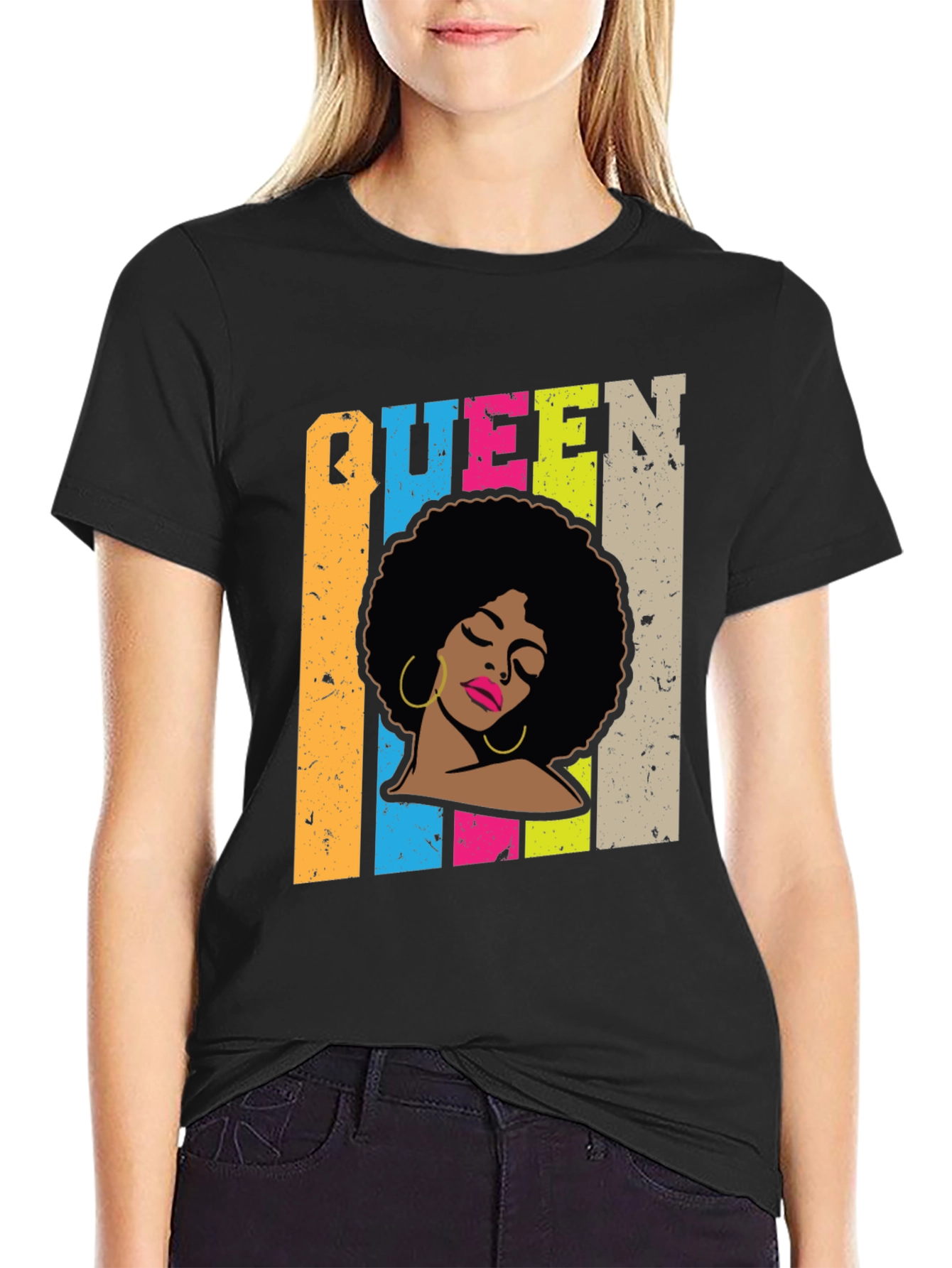 Queen Afro Graphic Print Black T-Shirt