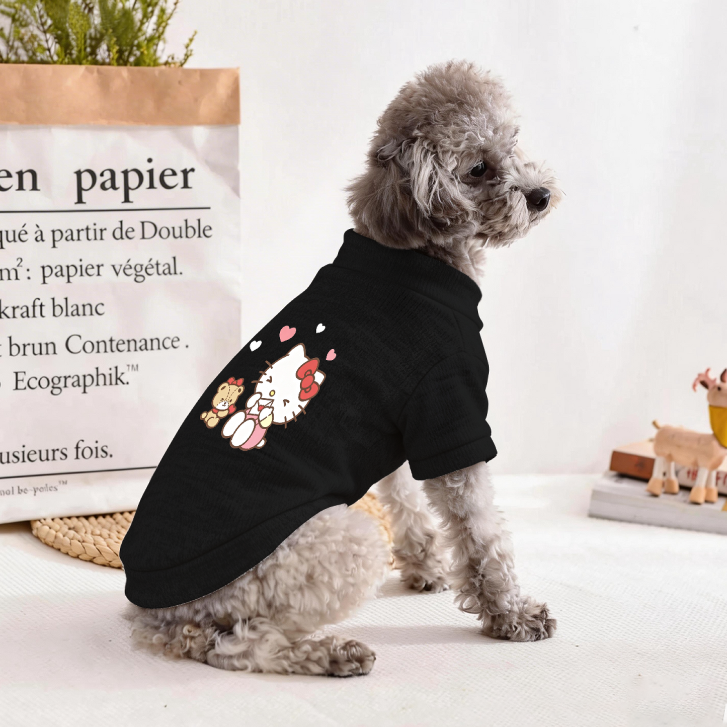 Black Pet Sweater With Cute Hello Kitty & Bear Heart Print Soft Puppy Cardigan
