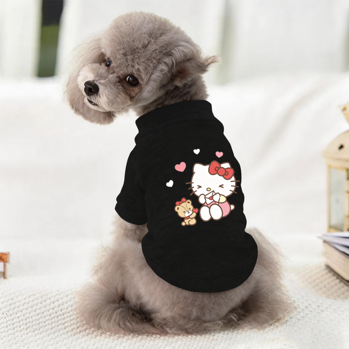 Black Pet Sweater With Cute Hello Kitty & Bear Heart Print Soft Puppy Cardigan