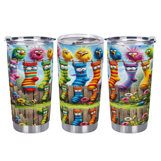 Funny Cartoon Birds & Striped Socks Fence Whimsical Tumbler