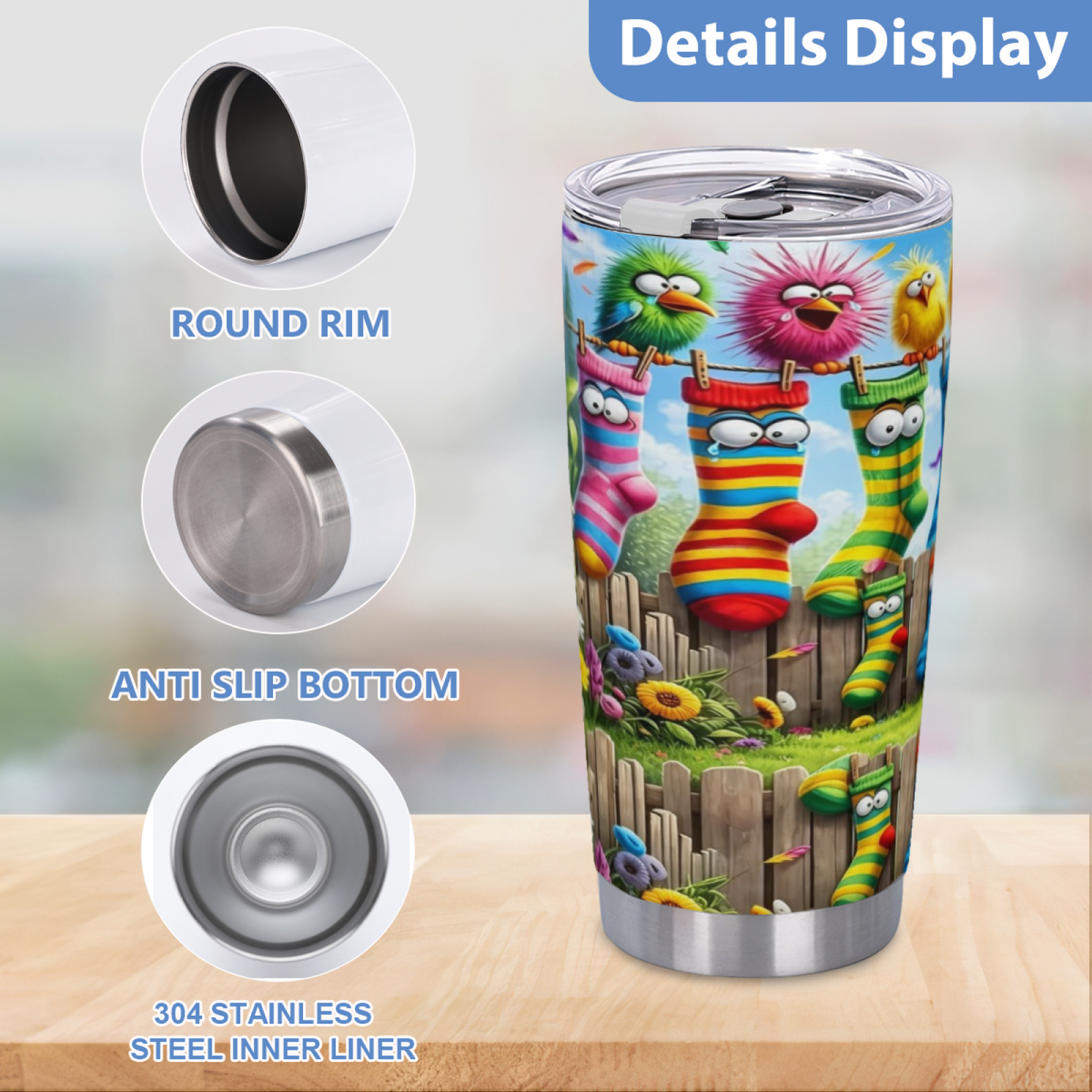Funny Cartoon Birds & Striped Socks Fence Whimsical Tumbler