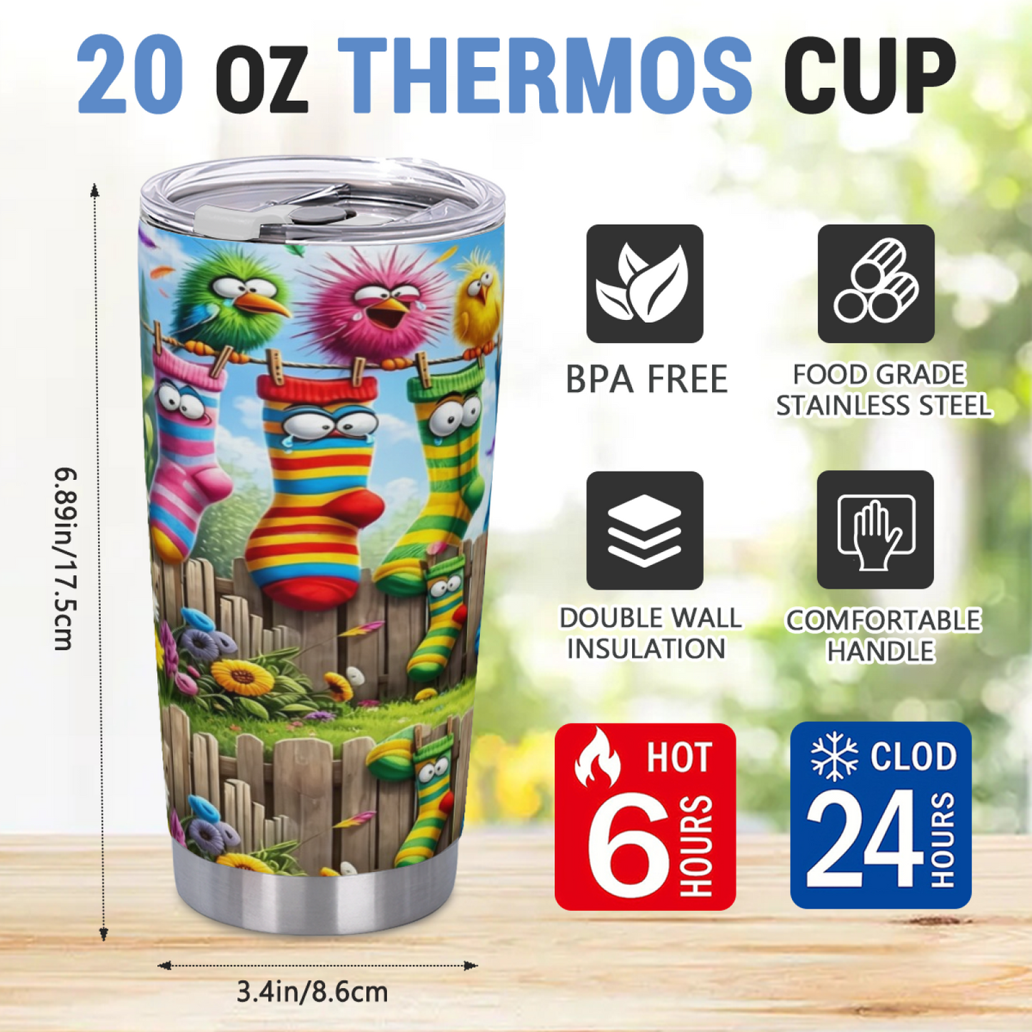 Funny Cartoon Birds & Striped Socks Fence Whimsical Tumbler