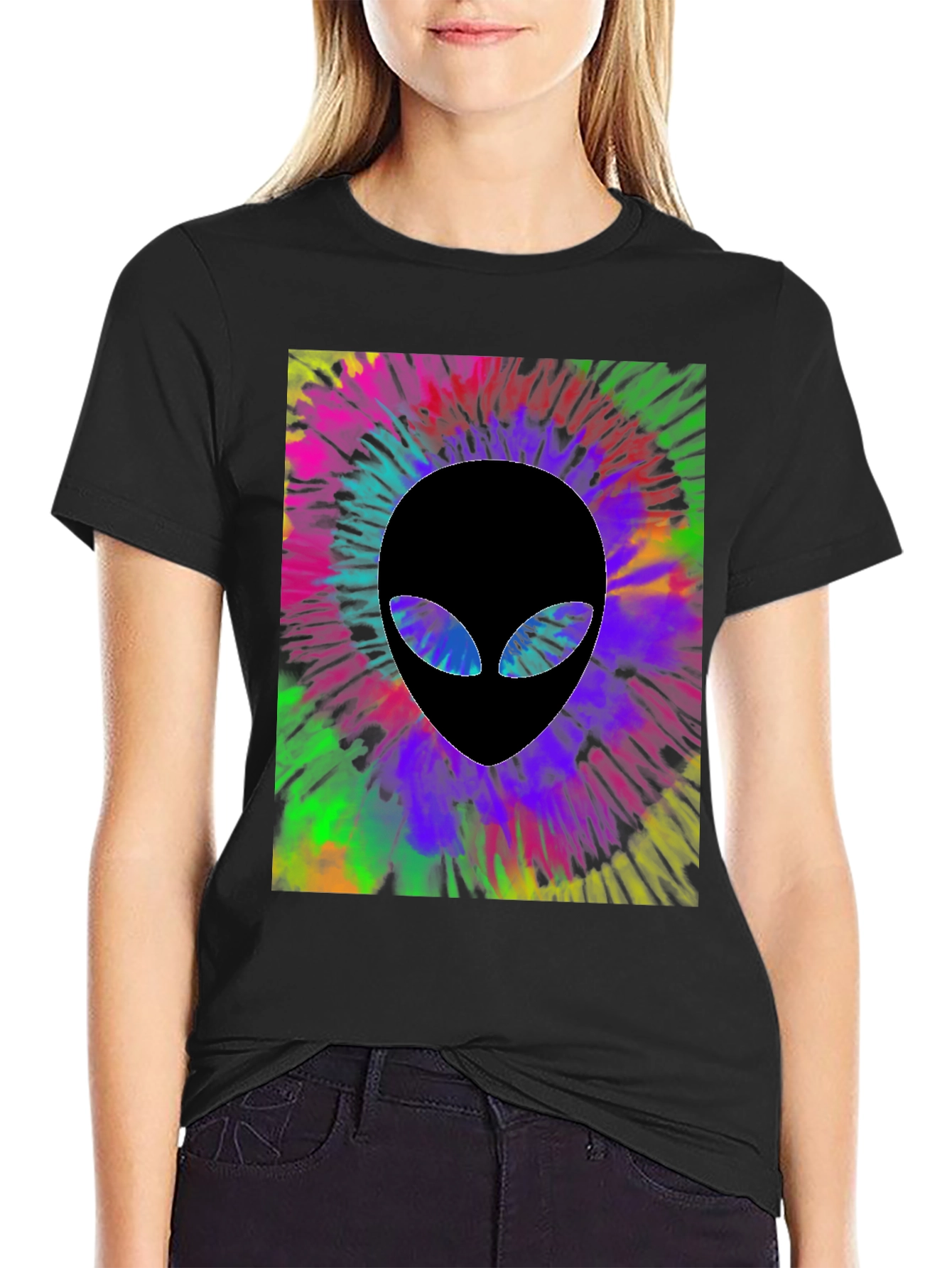 Tie Dye Alien Head Graphic Black T-Shirt